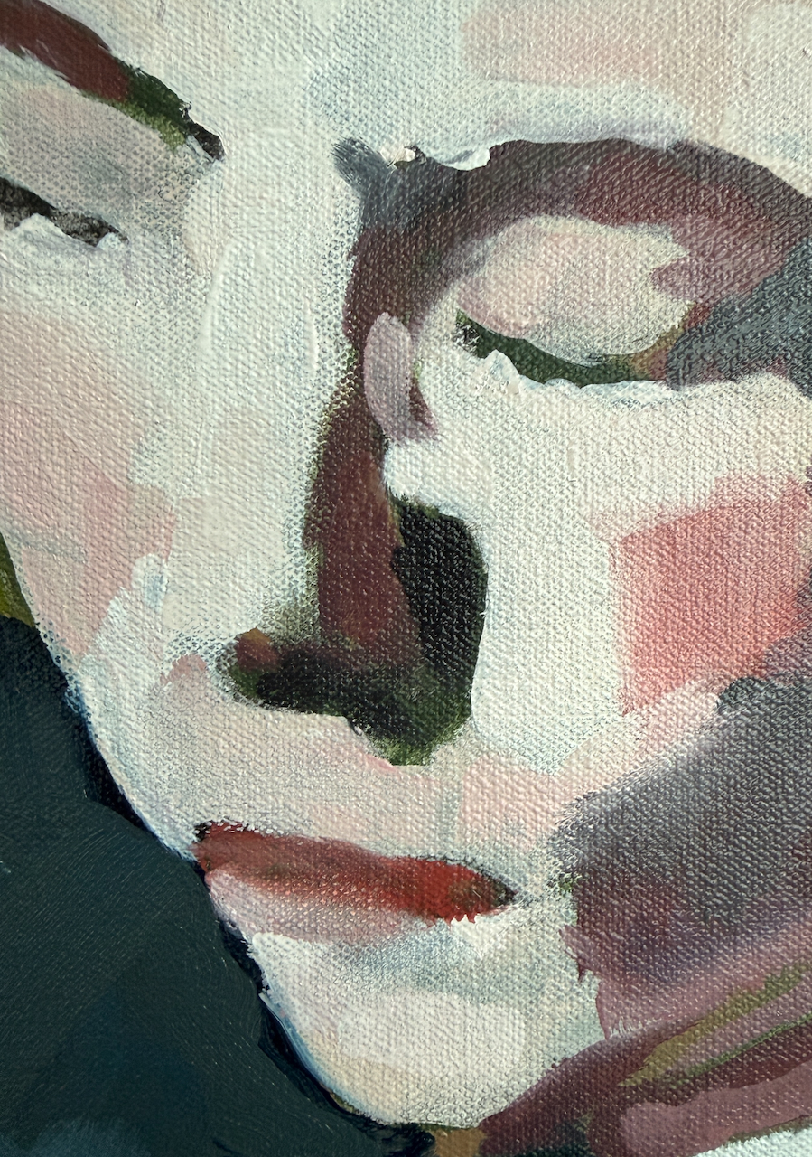 Work in progress, oil on canvas by Alan Brash — detail of a figure reading.