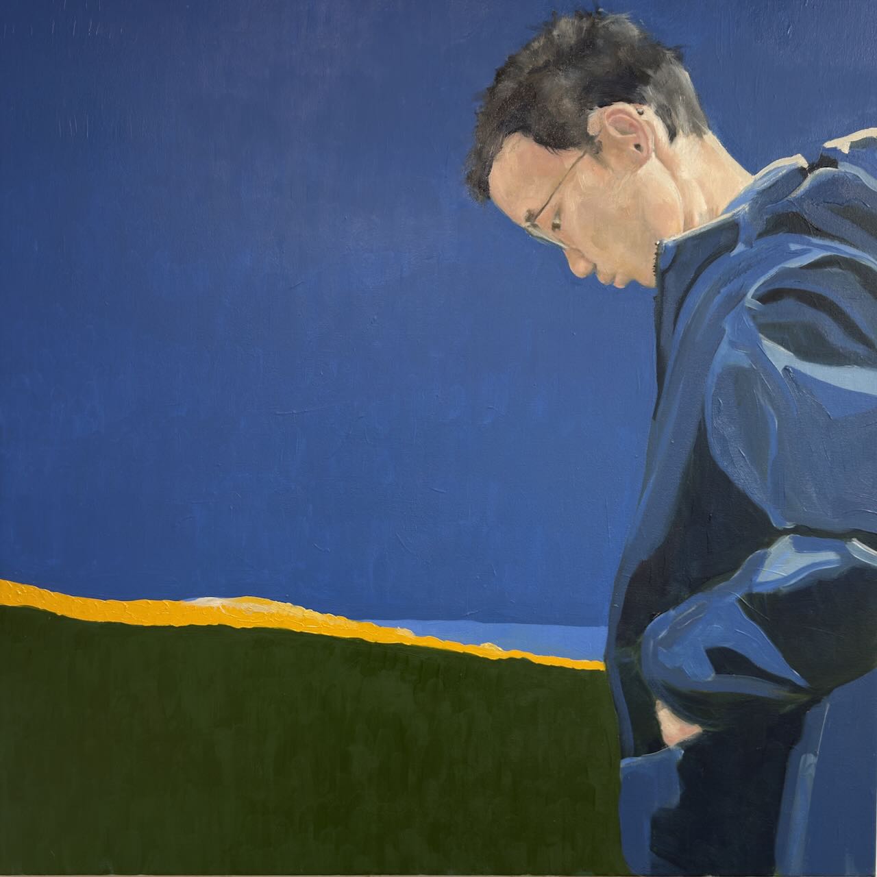 Preservation, oil on canvas by Alan Brash — a figure with head down against a landscape